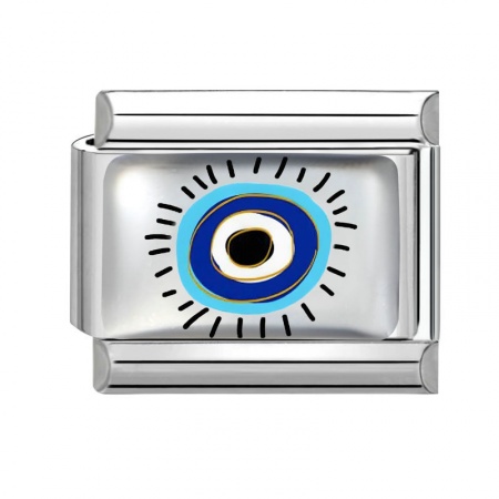 Picture of 1 Piece 304 Stainless Steel Italian Charm Links For DIY Bracelet Jewelry Making Wholesale Silver Tone Blue Rectangle Evil Eye 10mm x 9mm
