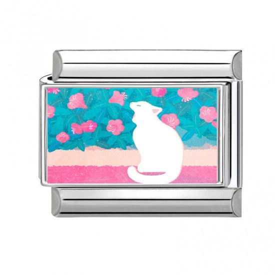 Picture of 1 Piece 304 Stainless Steel Italian Charm Links For DIY Bracelet Jewelry Making Wholesale Silver Tone Multicolor Rectangle Cat 10mm x 9mm
