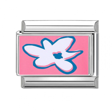 Picture of 1 Piece 304 Stainless Steel Italian Charm Links For DIY Bracelet Jewelry Making Wholesale Silver Tone Pink Rectangle Flower 10mm x 9mm