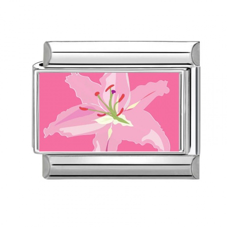 Picture of 1 Piece 304 Stainless Steel Italian Charm Links For DIY Bracelet Jewelry Making Wholesale Silver Tone Pink Rectangle Flower 10mm x 9mm