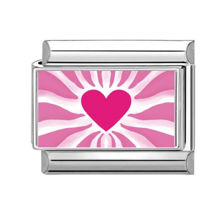 Picture of 1 Piece 304 Stainless Steel Valentine's Day Italian Charm Links For DIY Bracelet Jewelry Making Wholesale Silver Tone Pink Rectangle Heart 10mm x 9mm