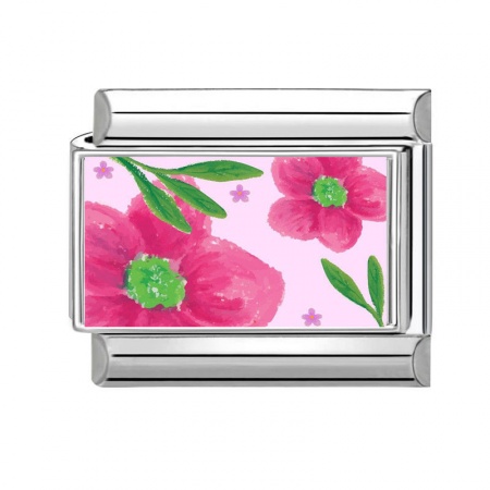 Picture of 1 Piece 304 Stainless Steel Italian Charm Links For DIY Bracelet Jewelry Making Wholesale Silver Tone Pink Rectangle Flower 10mm x 9mm