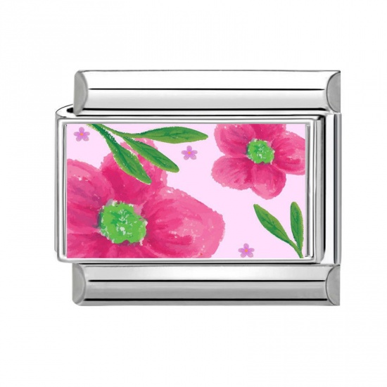 Picture of 1 Piece 304 Stainless Steel Italian Charm Links For DIY Bracelet Jewelry Making Wholesale Silver Tone Pink Rectangle Flower 10mm x 9mm