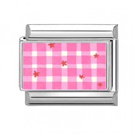 Picture of 1 Piece 304 Stainless Steel Italian Charm Links For DIY Bracelet Jewelry Making Wholesale Silver Tone Pink Rectangle Grid Checker 10mm x 9mm