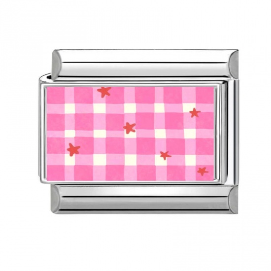 Picture of 1 Piece 304 Stainless Steel Italian Charm Links For DIY Bracelet Jewelry Making Wholesale Silver Tone Pink Rectangle Grid Checker 10mm x 9mm
