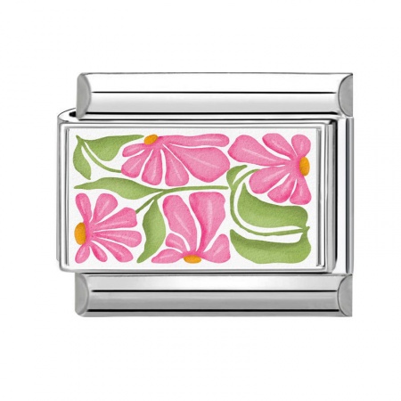 Picture of 1 Piece 304 Stainless Steel Italian Charm Links For DIY Bracelet Jewelry Making Wholesale Silver Tone Pink Rectangle Flower Leaves 10mm x 9mm