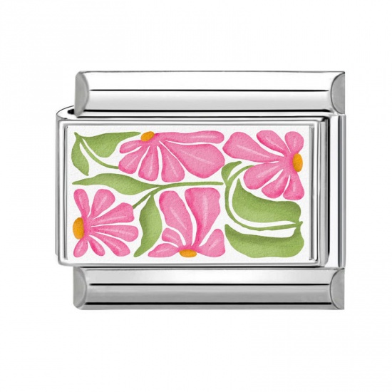 Picture of 1 Piece 304 Stainless Steel Italian Charm Links For DIY Bracelet Jewelry Making Wholesale Silver Tone Pink Rectangle Flower Leaves 10mm x 9mm