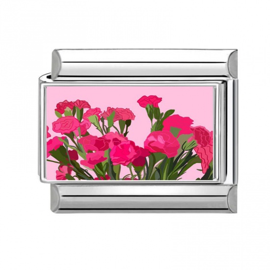 Picture of 1 Piece 304 Stainless Steel Italian Charm Links For DIY Bracelet Jewelry Making Wholesale Silver Tone Red Rectangle Flower 10mm x 9mm