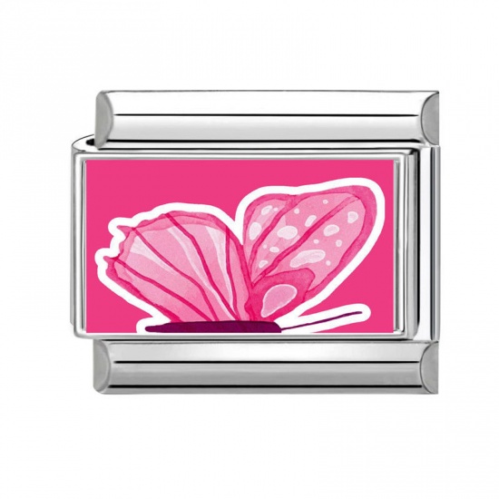 Picture of 1 Piece 304 Stainless Steel Italian Charm Links For DIY Bracelet Jewelry Making Wholesale Silver Tone Pink Rectangle Butterfly 10mm x 9mm