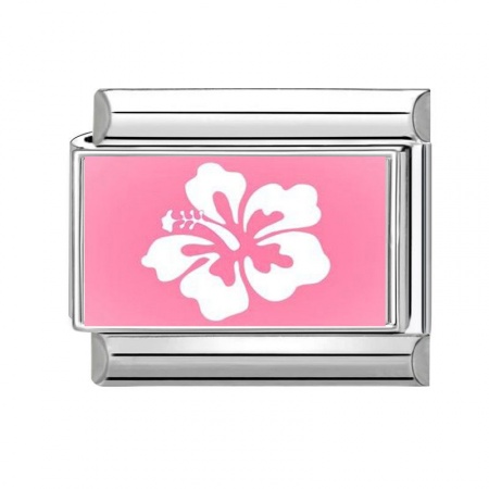 Picture of 1 Piece 304 Stainless Steel Italian Charm Links For DIY Bracelet Jewelry Making Wholesale Silver Tone Pink Rectangle Flower 10mm x 9mm