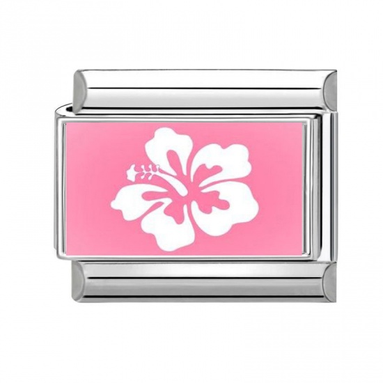 Picture of 1 Piece 304 Stainless Steel Italian Charm Links For DIY Bracelet Jewelry Making Wholesale Silver Tone Pink Rectangle Flower 10mm x 9mm