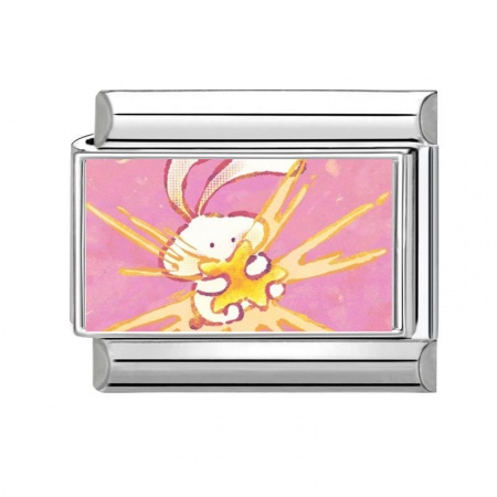 Picture of 1 Piece 304 Stainless Steel Italian Charm Links For DIY Bracelet Jewelry Making Wholesale Silver Tone Pink Rectangle Rabbit 10mm x 9mm
