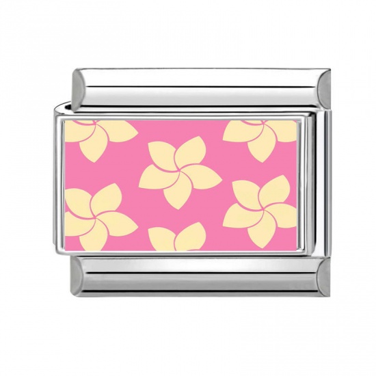 Picture of 1 Piece 304 Stainless Steel Italian Charm Links For DIY Bracelet Jewelry Making Wholesale Silver Tone Pink Rectangle Flower 10mm x 9mm