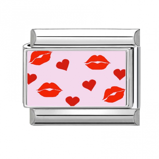 Picture of 1 Piece 304 Stainless Steel Italian Charm Links For DIY Bracelet Jewelry Making Wholesale Silver Tone Red Rectangle Lip 10mm x 9mm