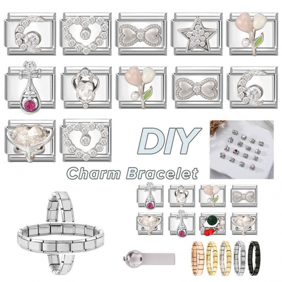 Picture of 1 Piece 304 Stainless Steel Italian Charm Links For DIY Modular Bracelet Watch Jewelry Making Wholesale Silver Tone Rectangle Moon Clear Rhinestone 10mm x 9mm