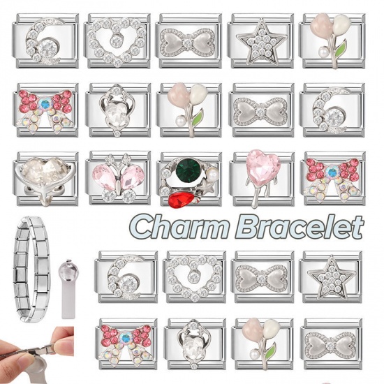 Picture of 1 Piece 304 Stainless Steel Italian Charm Links For DIY Modular Bracelet Watch Jewelry Making Wholesale Silver Tone Rectangle Moon Clear Rhinestone 10mm x 9mm