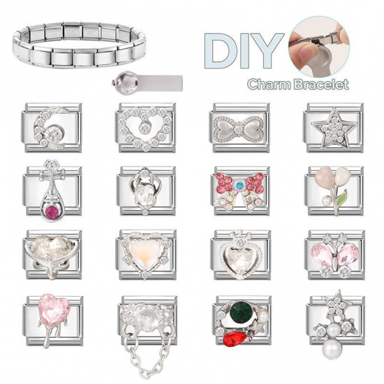 Picture of 1 Piece 304 Stainless Steel Italian Charm Links For DIY Modular Bracelet Watch Jewelry Making Wholesale Silver Tone Rectangle Moon Clear Rhinestone 10mm x 9mm