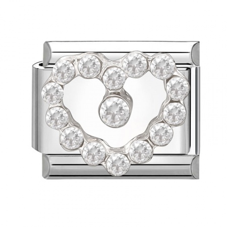 Picture of 1 Piece 304 Stainless Steel Valentine's Day Italian Charm Links For DIY Modular Bracelet Watch Jewelry Making Wholesale Silver Tone Rectangle Heart Clear Rhinestone 10mm x 9mm
