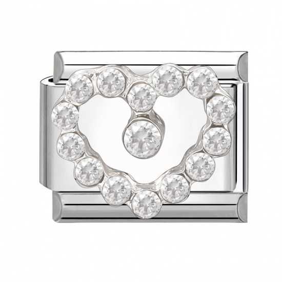 Picture of 1 Piece 304 Stainless Steel Valentine's Day Italian Charm Links For DIY Modular Bracelet Watch Jewelry Making Wholesale Silver Tone Rectangle Heart Clear Rhinestone 10mm x 9mm