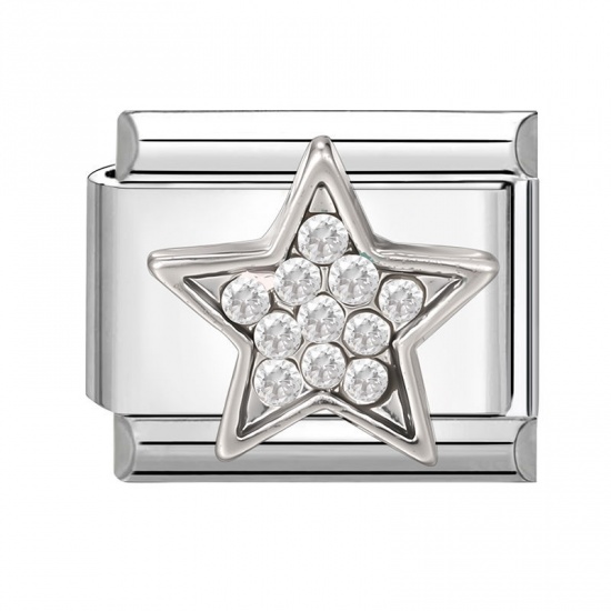 Picture of 1 Piece 304 Stainless Steel Italian Charm Links For DIY Modular Bracelet Watch Jewelry Making Wholesale Silver Tone Rectangle Pentagram Star Clear Rhinestone 10mm x 9mm