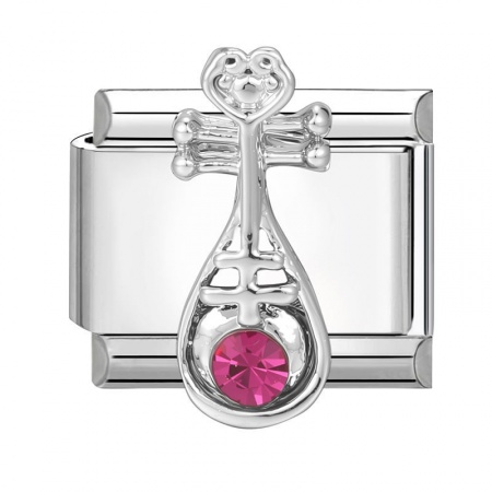 Picture of 1 Piece 304 Stainless Steel Italian Charm Links For DIY Modular Bracelet Watch Jewelry Making Wholesale Silver Tone Lute Fuchsia Rhinestone 10mm x 9mm