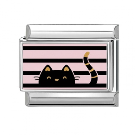 Picture of 1 Piece 304 Stainless Steel Italian Charm Links For DIY Bracelet Jewelry Making Wholesale Silver Tone Black Rectangle Cat 10mm x 9mm