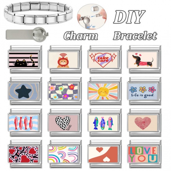 Immagine di 1 Pz 304 Acciaio Inossidabile Bracciale con Charm Italiano a Maglie, Creazione di Gioielli Fai-da-te All'Ingrosso Tono Argento Nero Rettangolo Gatto 10mm x 9mm