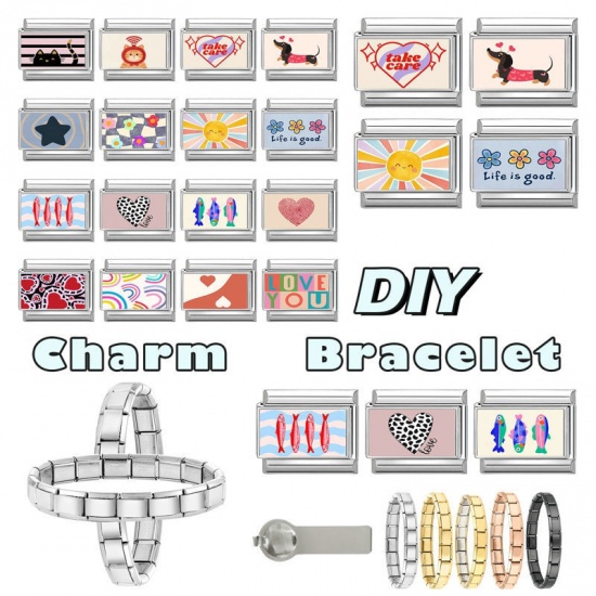 Immagine di 1 Pz 304 Acciaio Inossidabile Bracciale con Charm Italiano a Maglie, Creazione di Gioielli Fai-da-te All'Ingrosso Tono Argento Nero Rettangolo Gatto 10mm x 9mm