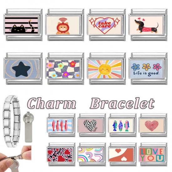 Immagine di 1 Pz 304 Acciaio Inossidabile Bracciale con Charm Italiano a Maglie, Creazione di Gioielli Fai-da-te All'Ingrosso Tono Argento Nero Rettangolo Gatto 10mm x 9mm