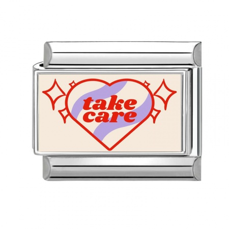 Picture of 1 Piece 304 Stainless Steel Italian Charm Links For DIY Bracelet Jewelry Making Wholesale Silver Tone Red Rectangle Heart Message " Take Care " 10mm x 9mm