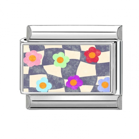 Picture of 1 Piece 304 Stainless Steel Italian Charm Links For DIY Bracelet Jewelry Making Wholesale Silver Tone Multicolor Rectangle Flower 10mm x 9mm