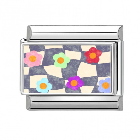 Immagine di 1 Pz 304 Acciaio Inossidabile Bracciale con Charm Italiano a Maglie, Creazione di Gioielli Fai-da-te All'Ingrosso Tono Argento Multicolore Rettangolo Fiore 10mm x 9mm