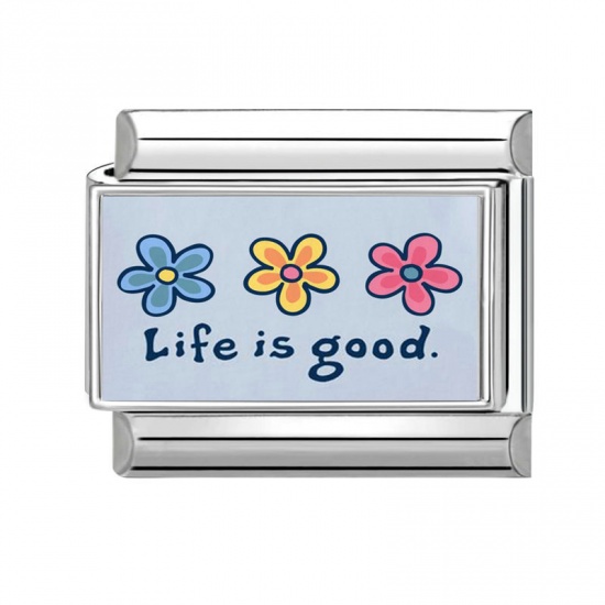 Immagine di 1 Pz 304 Acciaio Inossidabile Bracciale con Charm Italiano a Maglie, Creazione di Gioielli Fai-da-te All'Ingrosso Tono Argento Multicolore Rettangolo Fiore Messaggio " Life is good " 10mm x 9mm