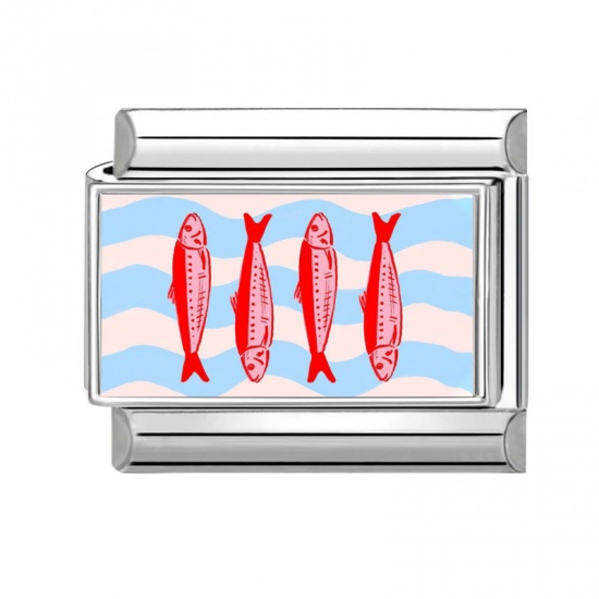 Immagine di 1 Pz 304 Acciaio Inossidabile Bracciale con Charm Italiano a Maglie, Creazione di Gioielli Fai-da-te All'Ingrosso Tono Argento Rosso Rettangolo Pesce 10mm x 9mm