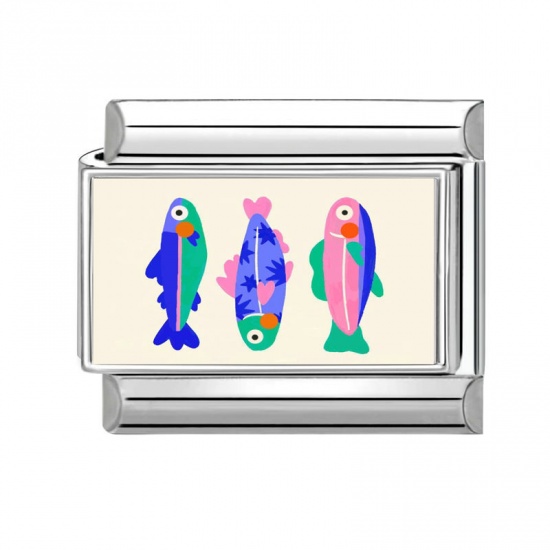 Immagine di 1 Pz 304 Acciaio Inossidabile Bracciale con Charm Italiano a Maglie, Creazione di Gioielli Fai-da-te All'Ingrosso Tono Argento Multicolore Rettangolo Pesce 10mm x 9mm