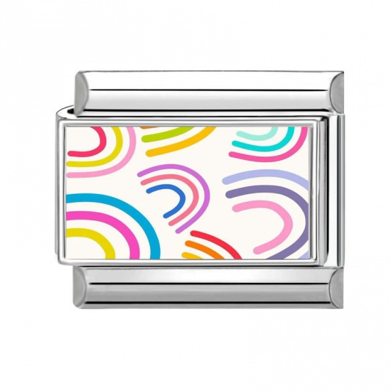 Immagine di 1 Pz 304 Acciaio Inossidabile Bracciale con Charm Italiano a Maglie, Creazione di Gioielli Fai-da-te All'Ingrosso Tono Argento Multicolore Rettangolo Arcobaleno 10mm x 9mm