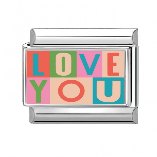 Immagine di 1 Pz 304 Acciaio Inossidabile Bracciale con Charm Italiano a Maglie, Creazione di Gioielli Fai-da-te All'Ingrosso Tono Argento Multicolore Rettangolo Messaggio " Love You " 10mm x 9mm