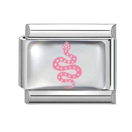 Picture of 1 Piece 304 Stainless Steel Italian Charm Links For DIY Bracelet Jewelry Making Wholesale Silver Tone Pink Rectangle Snake 10mm x 9mm