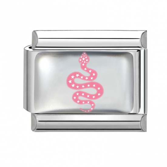 Picture of 1 Piece 304 Stainless Steel Italian Charm Links For DIY Bracelet Jewelry Making Wholesale Silver Tone Pink Rectangle Snake 10mm x 9mm