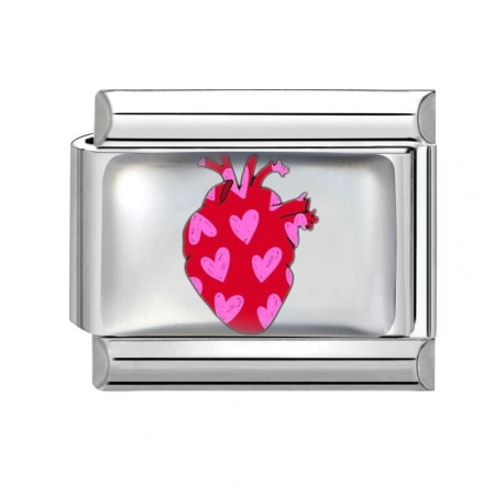 Picture of 1 Piece 304 Stainless Steel Valentine's Day Italian Charm Links For DIY Bracelet Jewelry Making Wholesale Silver Tone Red Rectangle Heart 10mm x 9mm