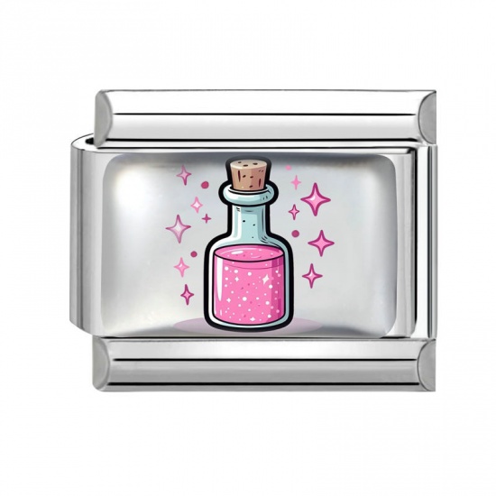 Picture of 1 Piece 304 Stainless Steel Italian Charm Links For DIY Bracelet Jewelry Making Wholesale Silver Tone Pink Rectangle Potion Jar Bottle 10mm x 9mm