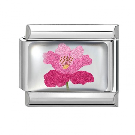 Picture of 1 Piece 304 Stainless Steel Italian Charm Links For DIY Bracelet Jewelry Making Wholesale Silver Tone Pink Rectangle Flower 10mm x 9mm