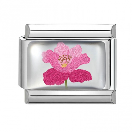 Picture of 1 Piece 304 Stainless Steel Italian Charm Links For DIY Bracelet Jewelry Making Wholesale Silver Tone Pink Rectangle Flower 10mm x 9mm