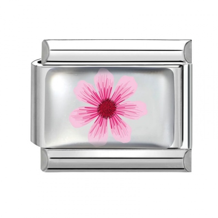 Picture of 1 Piece 304 Stainless Steel Italian Charm Links For DIY Bracelet Jewelry Making Wholesale Silver Tone Pink Rectangle Flower 10mm x 9mm