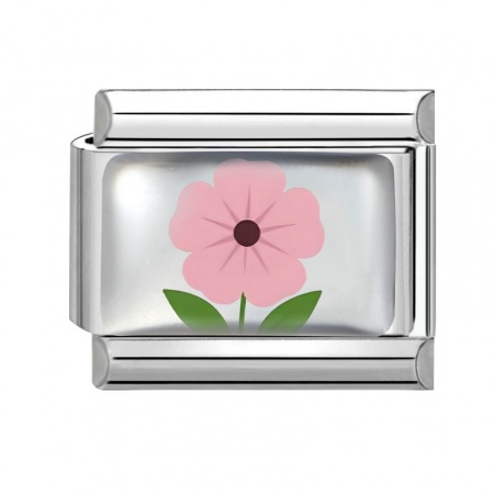 Picture of 1 Piece 304 Stainless Steel Italian Charm Links For DIY Bracelet Jewelry Making Wholesale Silver Tone Pink Rectangle Flower 10mm x 9mm