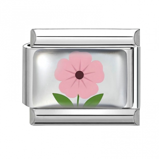 Picture of 1 Piece 304 Stainless Steel Italian Charm Links For DIY Bracelet Jewelry Making Wholesale Silver Tone Pink Rectangle Flower 10mm x 9mm