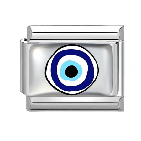 Picture of 1 Piece 304 Stainless Steel Italian Charm Links For DIY Bracelet Jewelry Making Wholesale Silver Tone Blue Rectangle Evil Eye 10mm x 9mm