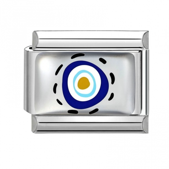 Picture of 1 Piece 304 Stainless Steel Italian Charm Links For DIY Bracelet Jewelry Making Wholesale Silver Tone Blue Rectangle Evil Eye 10mm x 9mm