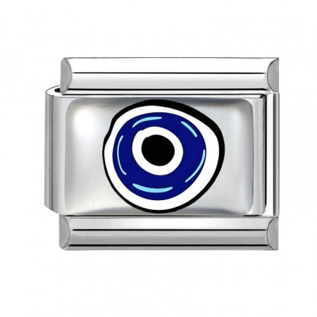 Picture of 1 Piece 304 Stainless Steel Italian Charm Links For DIY Bracelet Jewelry Making Wholesale Silver Tone Blue Rectangle Evil Eye 10mm x 9mm