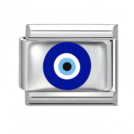 Picture of 1 Piece 304 Stainless Steel Italian Charm Links For DIY Bracelet Jewelry Making Wholesale Silver Tone Blue Rectangle Evil Eye 10mm x 9mm